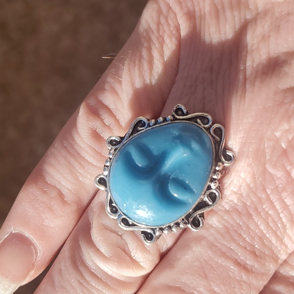 New Carved Blue Goddess Face 925 Silver Ring. - Picture 5 of 11